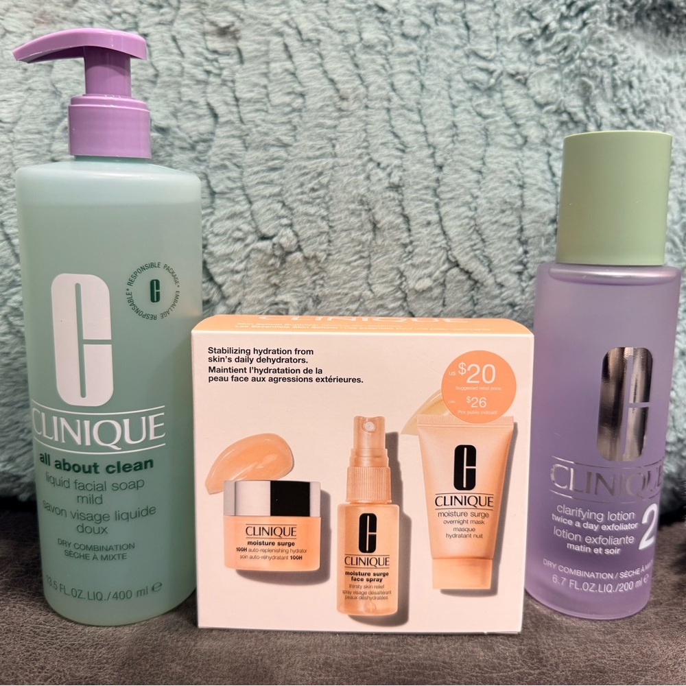 Clinique Skincare Trio with Green and Purple Bottles